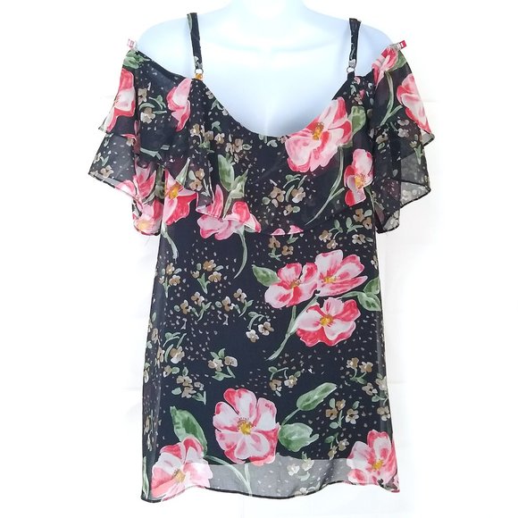 Cabi 5220 Cold Shoulder Navy Fairy Tale Floral Ruffled Lined Blouse Style M - Picture 5 of 8